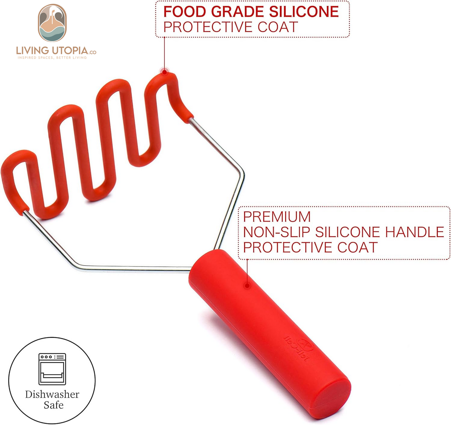 Potato Masher - Silicone Protect Body with Premuim Stainless Steel Non-Scratch Cookware for Smooth Mashed Potato Vegetables and Fruits Color Red