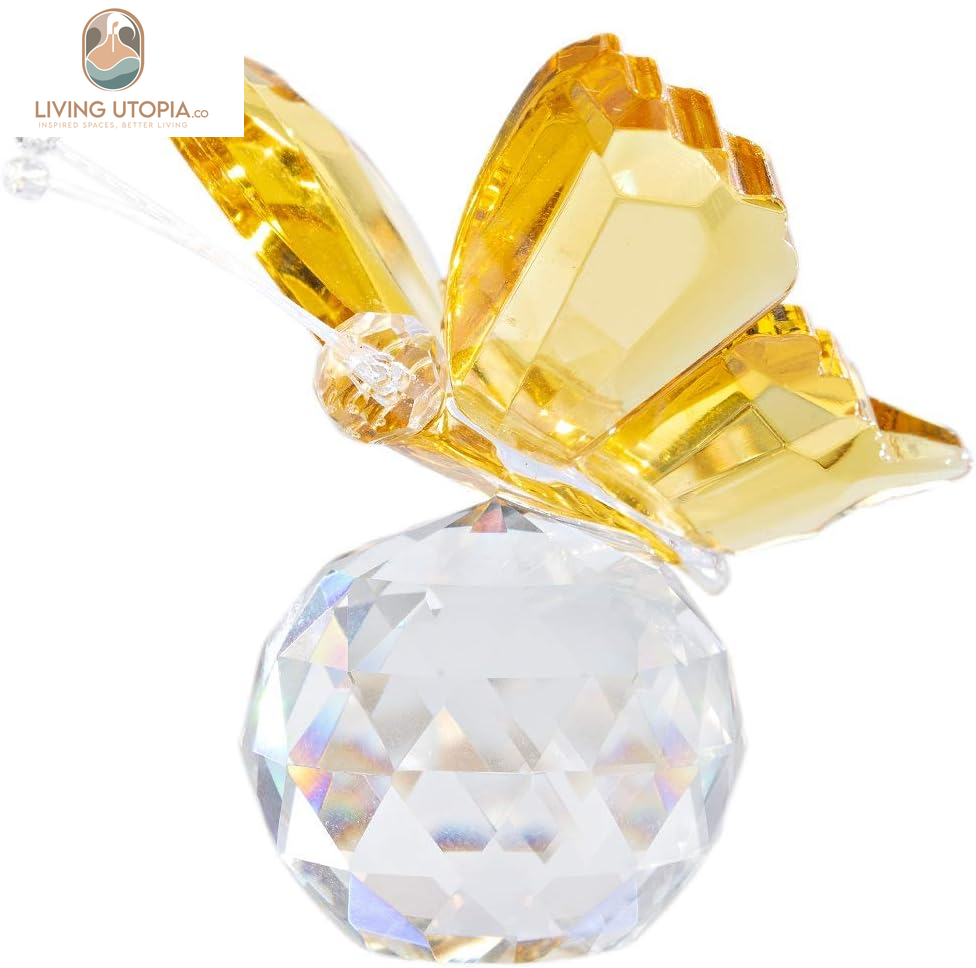 Crystal Flying Butterfly with Crystal Ball Base Figurine Collection Cut Glass Ornament Statue Animal Collectible (Yellow)