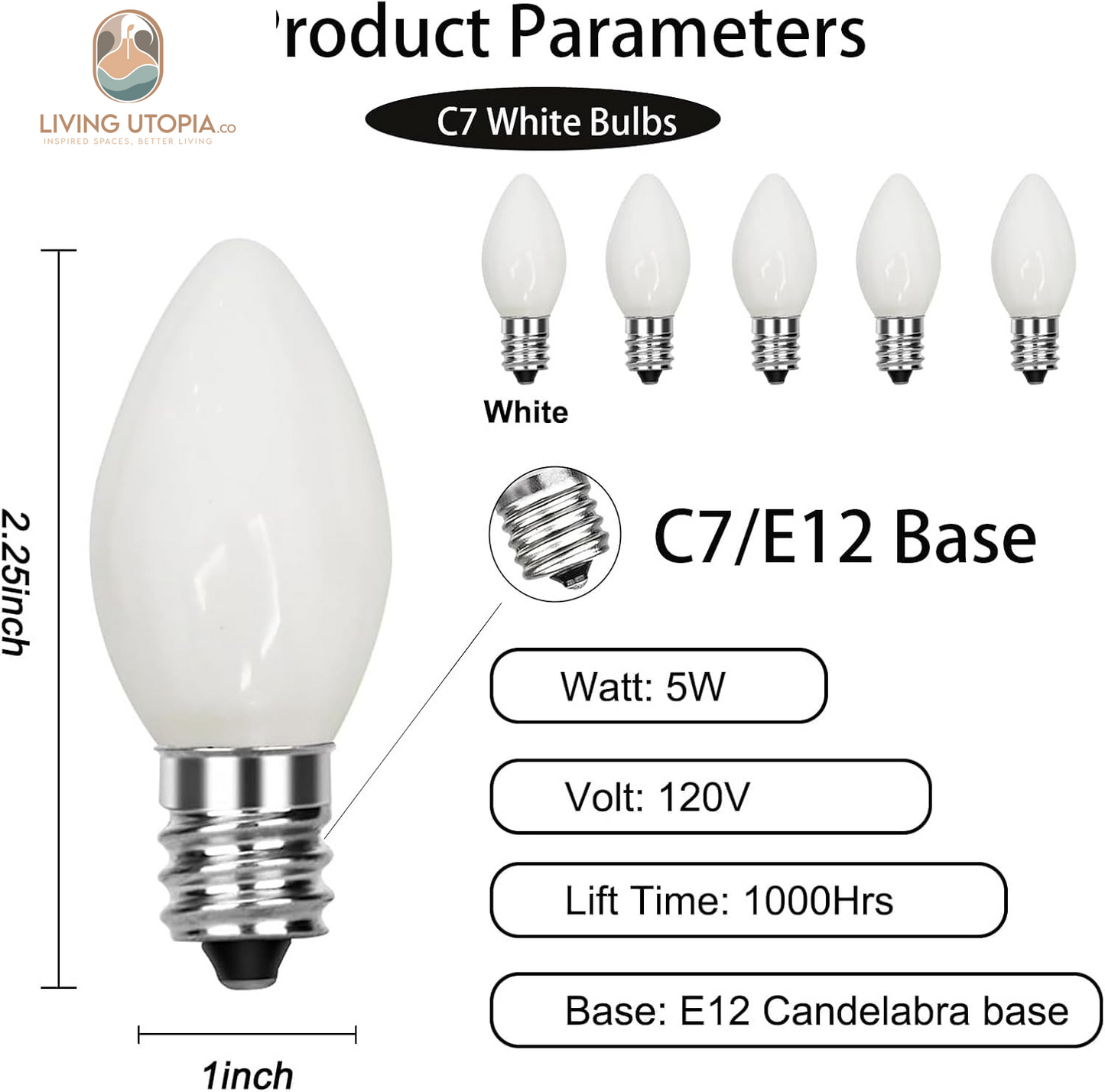 25 Pack C7 White Replacement Bulbs, Ceramic C7 White Light Bulbs for Christmas Outdoor Patio Indoor String Lights, C7/E12 Candelabra Base, 5 Watt Night Light Bulbs- White