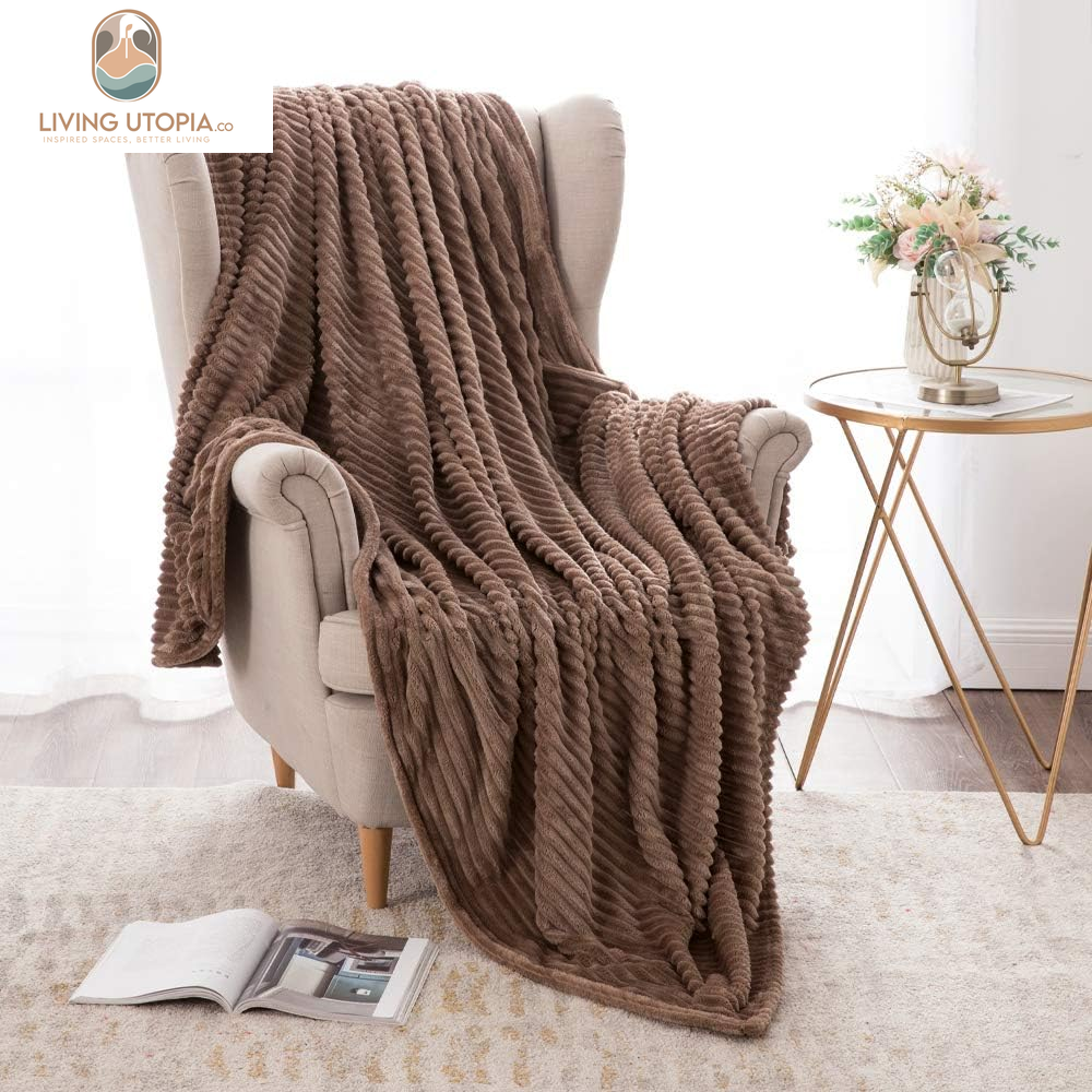 Fleece Throw Blanket for Couch 300GSM Super Soft Lightweight Plush Striped Blanket, Brown Warm Cozy Breathable Ribbed Flannel Blanket for Bed/Sofa, Twin Size 60"X80"
