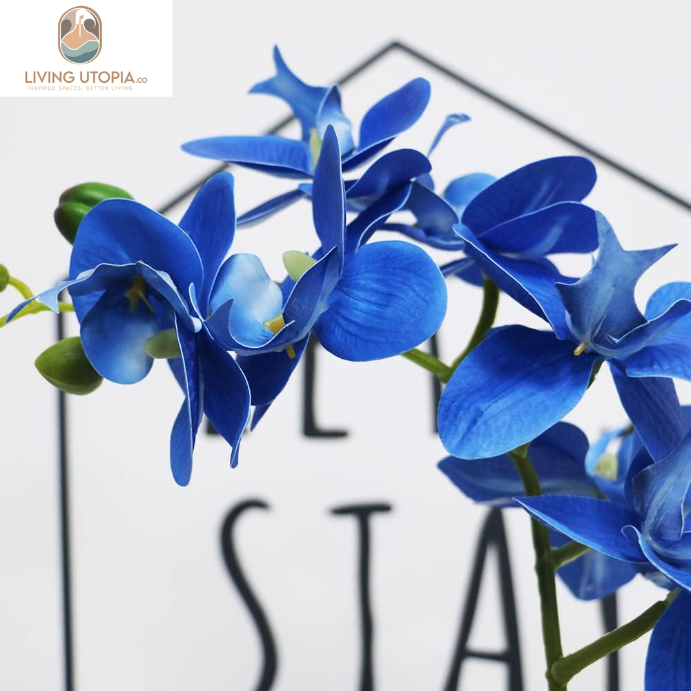 Blue Orchid Artificial Flowers in Pot, Fake Potted Orchid Flowers, Decoration for Home Office Wedding
