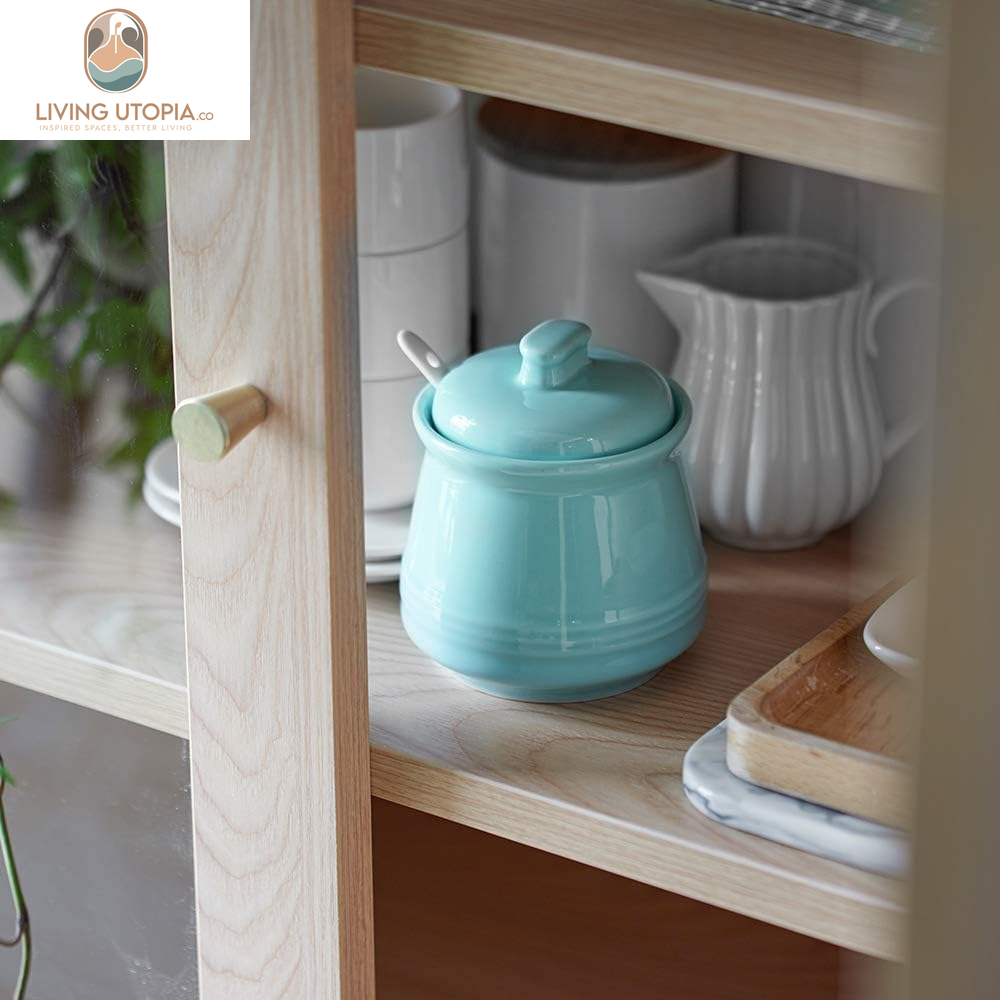 Sugar Bowl with Lid and Spoon,12Oz Ceramic Sugar Holder for Coffee Bar, Countertop, Sugar and Creamer Bowl, Kitchen Accessories and Decor, Teal
