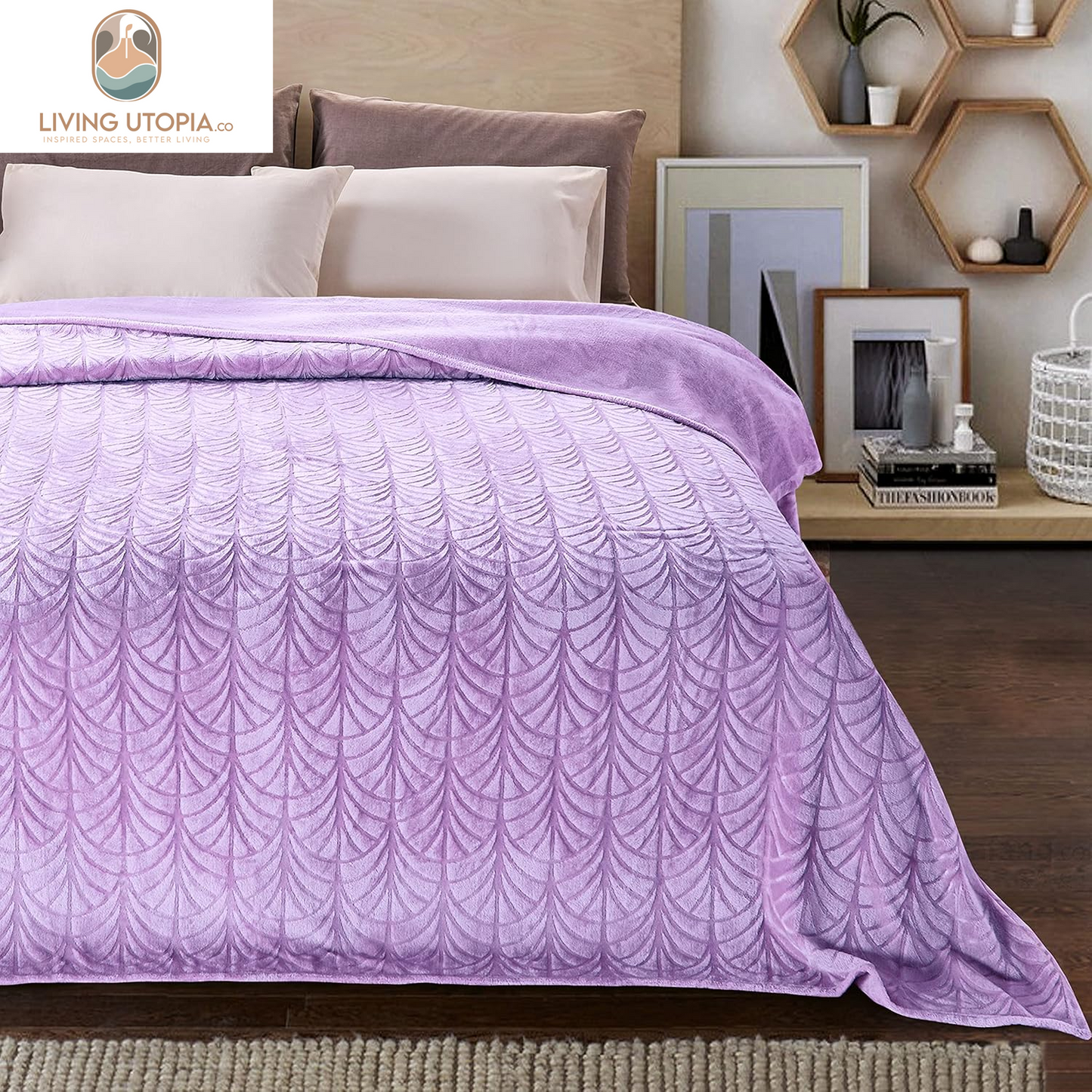 Flannel Fleece Twin Size Blanket for Bed, Soft Fluffy Velvet Bedspread Coverlet with Decorative Vintage Pattern for All Season, Warm and Lightweight, 90X66 Inch, Lilac