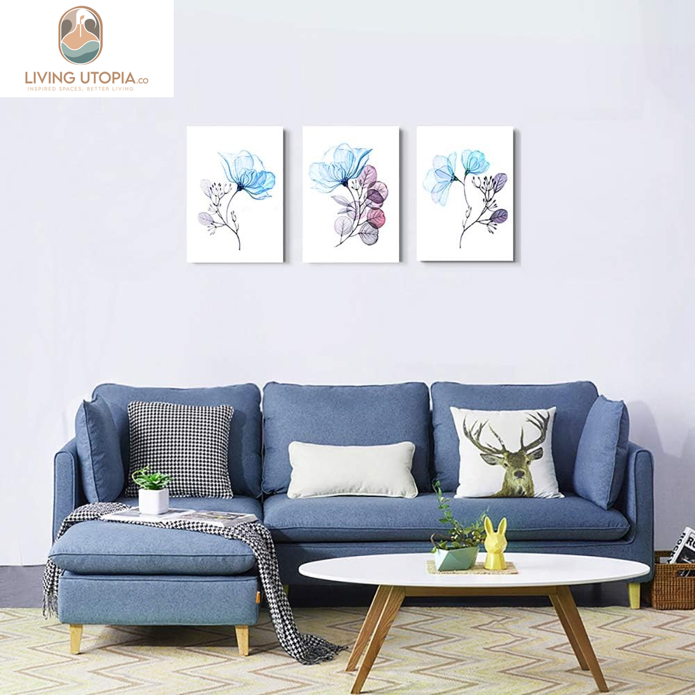 3 Piece Modern Blue Flowers Canvas Wall Art for Bedroom Living Room Decor,Bathroom Wall Decor,3 Panels Framed Wall Watercolor Painting Kitchen Home Decoration Canvas Print Artwork Wall Mural