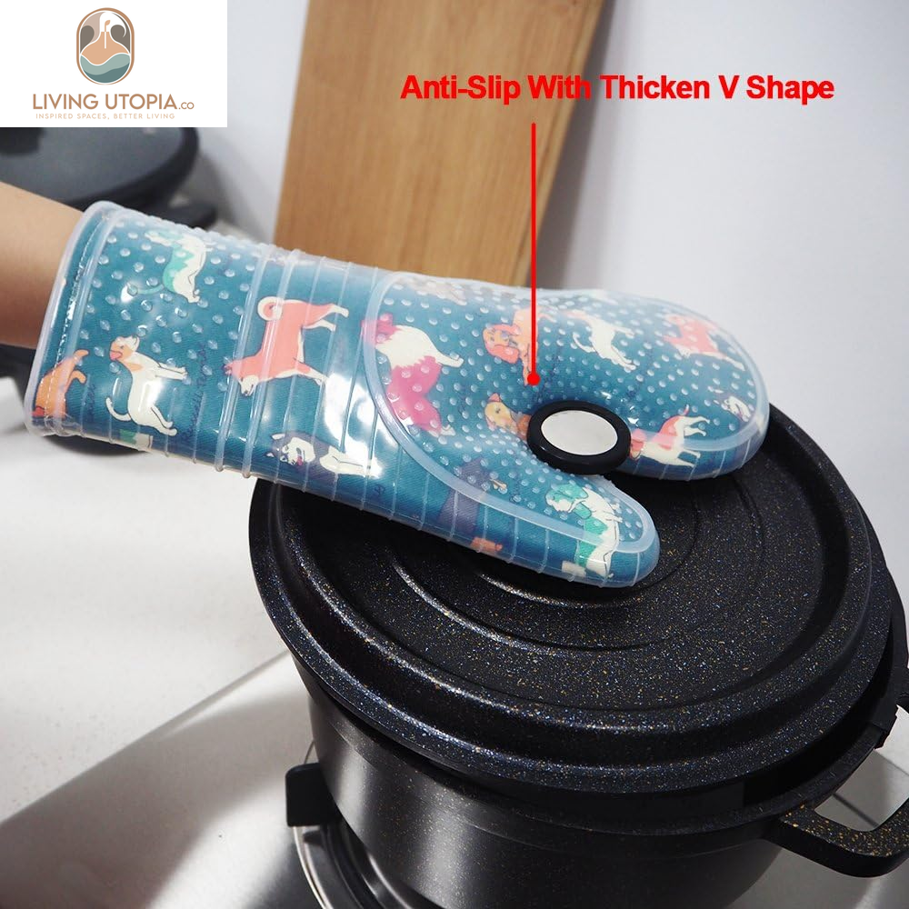 Oven Mitts Set of 2 with Transparent Clear Silicone Shell and Nice Dog Printing Cotton Lining, Heat Resistant to 500 F Kitchen Oven Gloves Pot Holder for Cooking (Blue)
