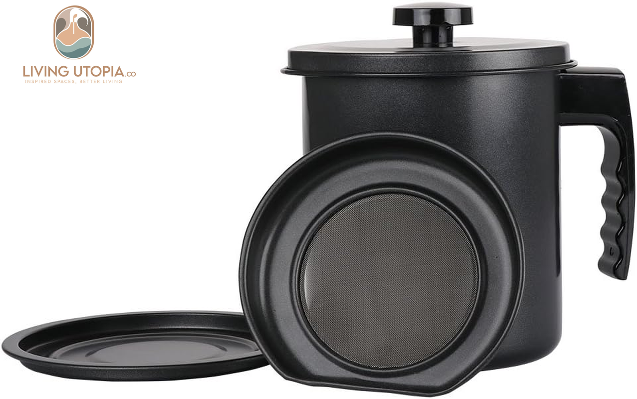 Bacon Grease Container with Strainer- 1.3 L or 5.2 Cup Iron Kitchen Oil Storage Can with Fine Mesh Strainer for Storing Hot Frying Oil, Fat (Black)
