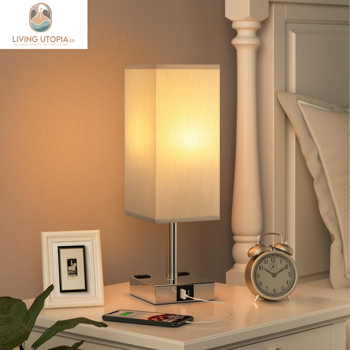 【Upgraded】Bedside Table Lamp Touch Control, with USB C+A Charging Ports & Dual AC Outlets, 3-Way Nightstand Lamp for Bedroom with Lampshade Living Room Office(Led Dimmable Bulb Included)