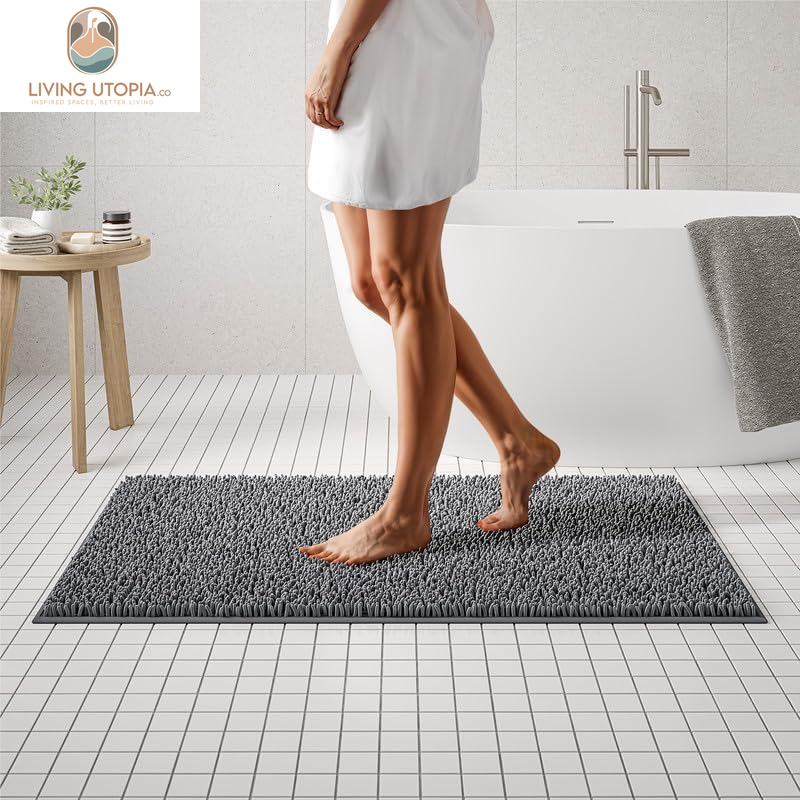 Plush Shaggy Chenille Bath Mat | Extra Soft, Super Absorbent, Non-Slip Bathroom Rug | Fluffy Microfiber, Area Rug Sets for Bathroom Floor, Kitchen, Living Room | 47"X27" | Charcoal Gray