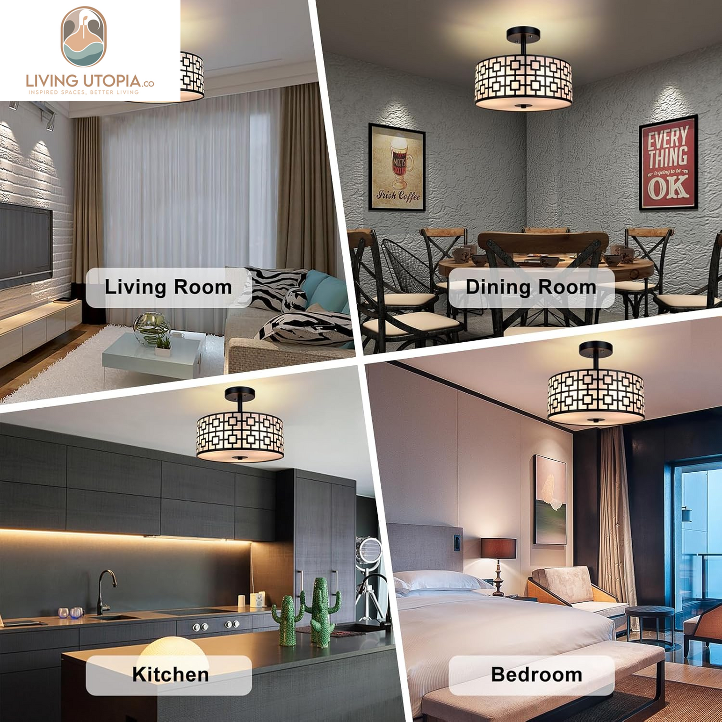 DLLT Flush Mount Ceiling Light: Modern 3-Light Semi Flush Mount Ceiling Light Fixture - Drum Kitchen Lighting Fixture for Dining Room - Black Bedroom Ceiling Lamp with Double Shade