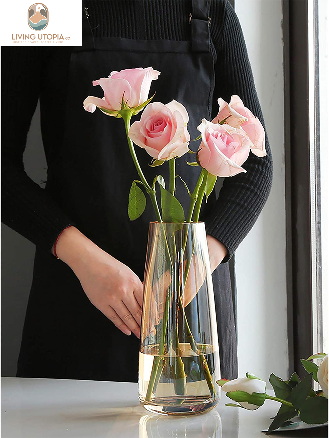 Modern Glass Vase Irised Crystal Clear Glass Vase for Home Office Decor (Crystal Amber)