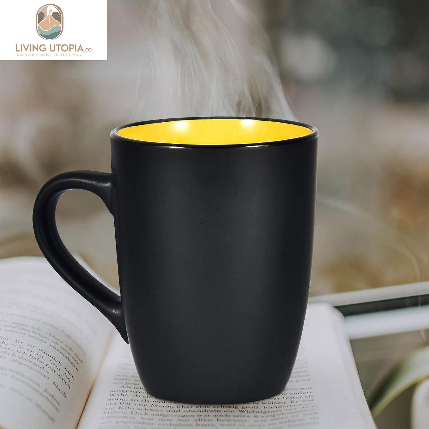 Ceramic Coffee Mug, 1 Pack Large Coffee Mug, 16Oz Restaurant Coffee Mug with Handle, Black Porcelain Mug for Office and Home, Large Ceramic Coffee Cup for Coffee Tea Cocoa Juice, Yellow