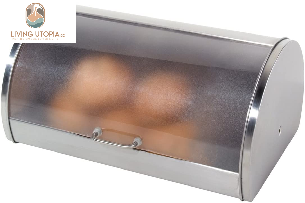 Stainless Steel Roll Top Bread Box for Kitchen Countertop with Frosted Plexilass Lid - Fits Multiple Loaves of Bread and Other Freshly Baked Goods Including Cookies, Bagels, Muffins