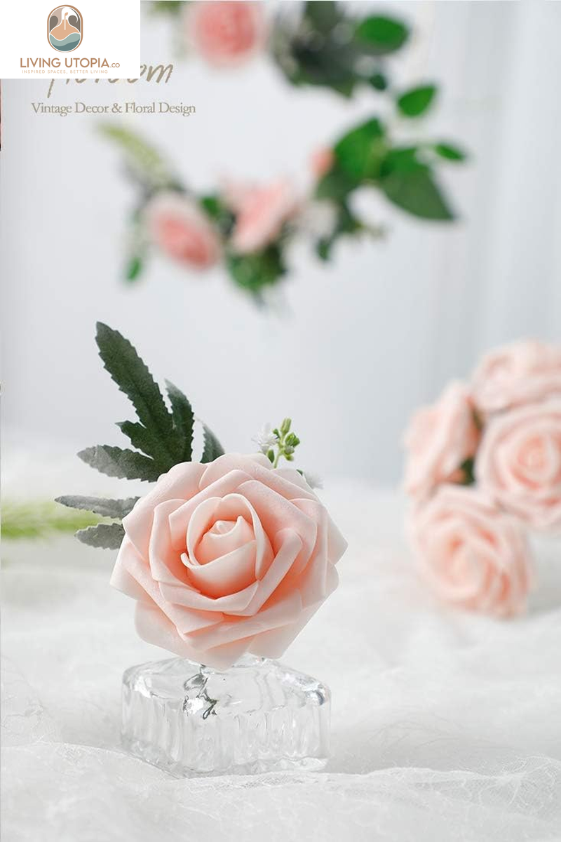 Artificial Flowers 25Pcs Real Looking Blush Foam Fake Roses with Stems for DIY Wedding Bouquets Bridal Shower Centerpieces Party Decorations