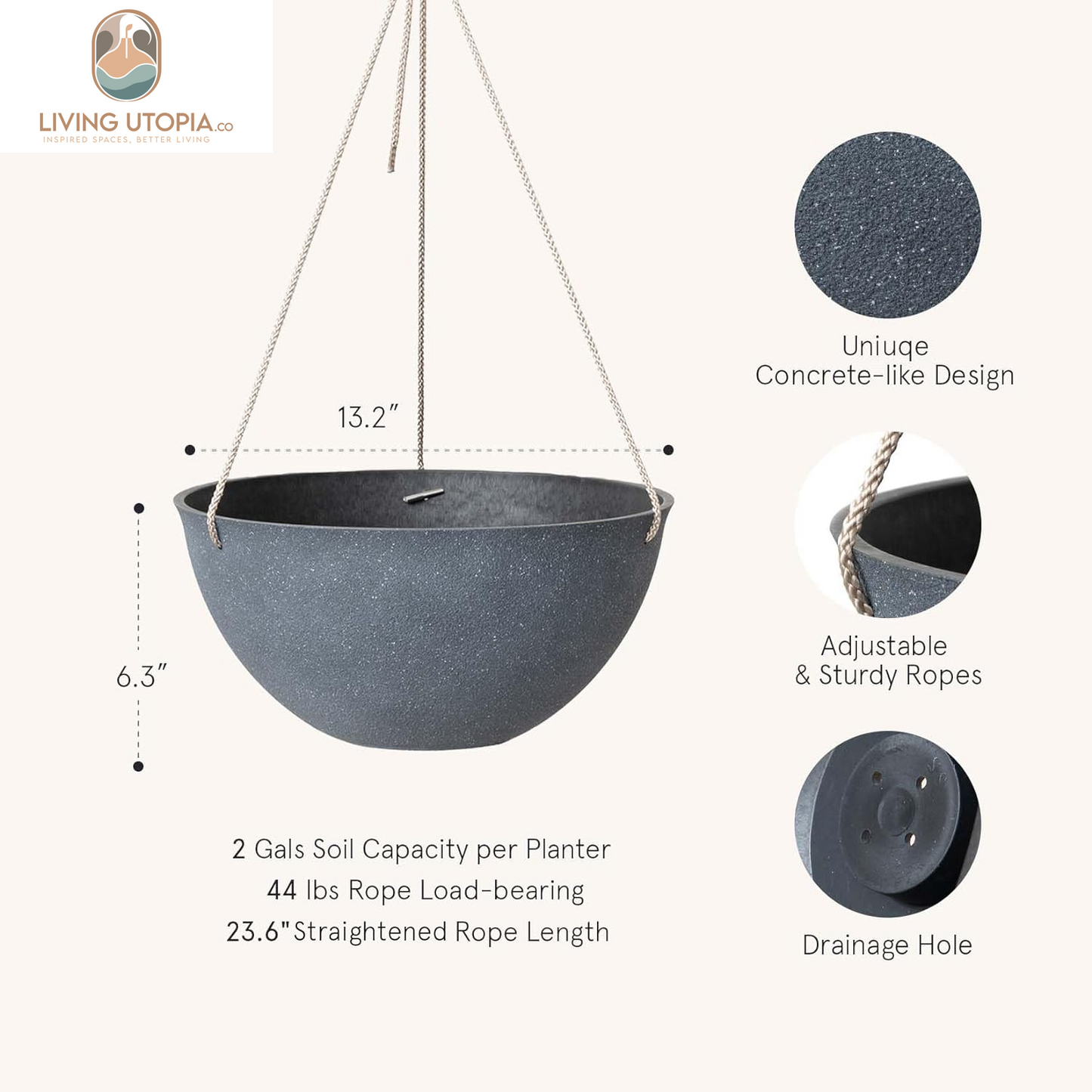 Large Hanging Planters for Outdoor Plants - Hanging Flower Pots Weathered Gray (13.2 Inch, Set of 2)