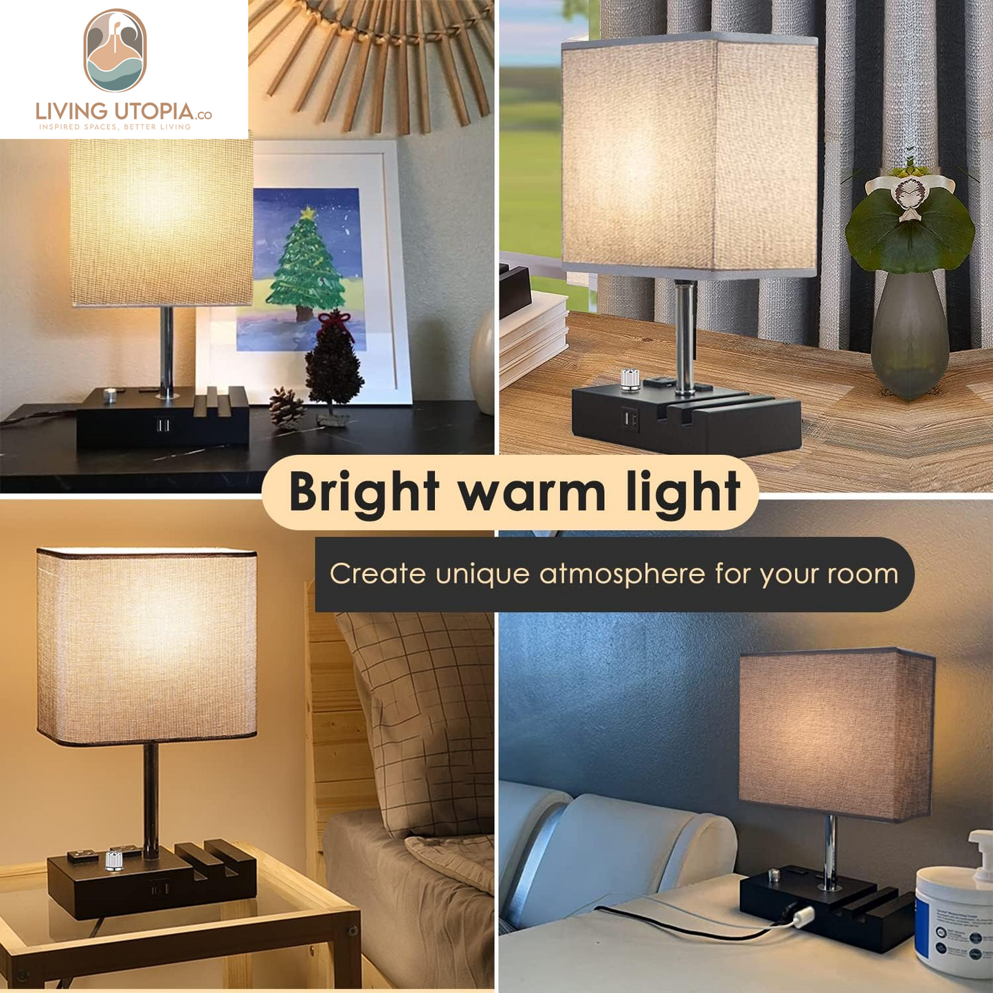 Fully Dimmable Table Lamp, Lamp for Bedroom 2 USB Ports, Bedside Lamps with 2 AC Outlet and Phone Slots, Small Table Lamp for Living Room, Grey Nightstand Lamp for Reading, LED Bulb Included