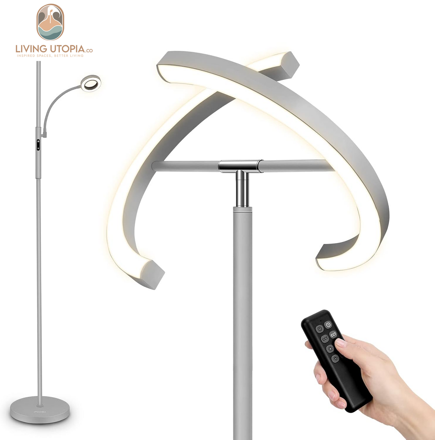 Split Floor Lamp with Reading Light, Modern Bright LED Rotatable Standing Lamp with Stepless Dimming and 3000K-6000K Color for Living Room Bedroom Office, Touch and Remote Control, Gray