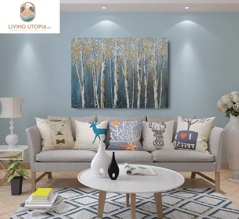 Birch Tree Canvas Wall Art Hand Painted Teal and White Color Painting with Gold Foil Modern Forest Pictures for Living Room Bedroom Office Decoration