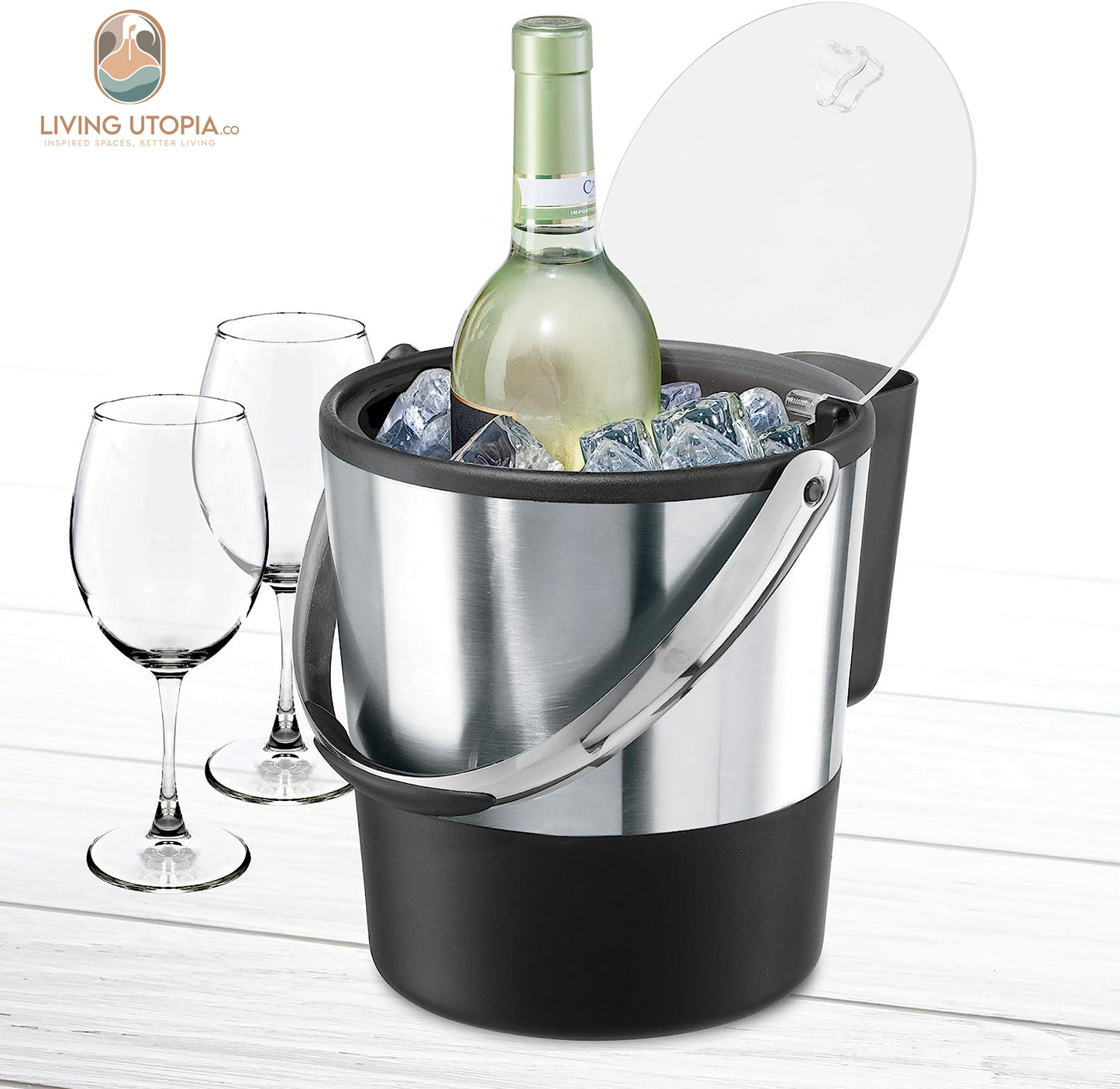 Insulated Ice Bucket, 4 Quart / 3.8 L, Stainless Steel, Black.