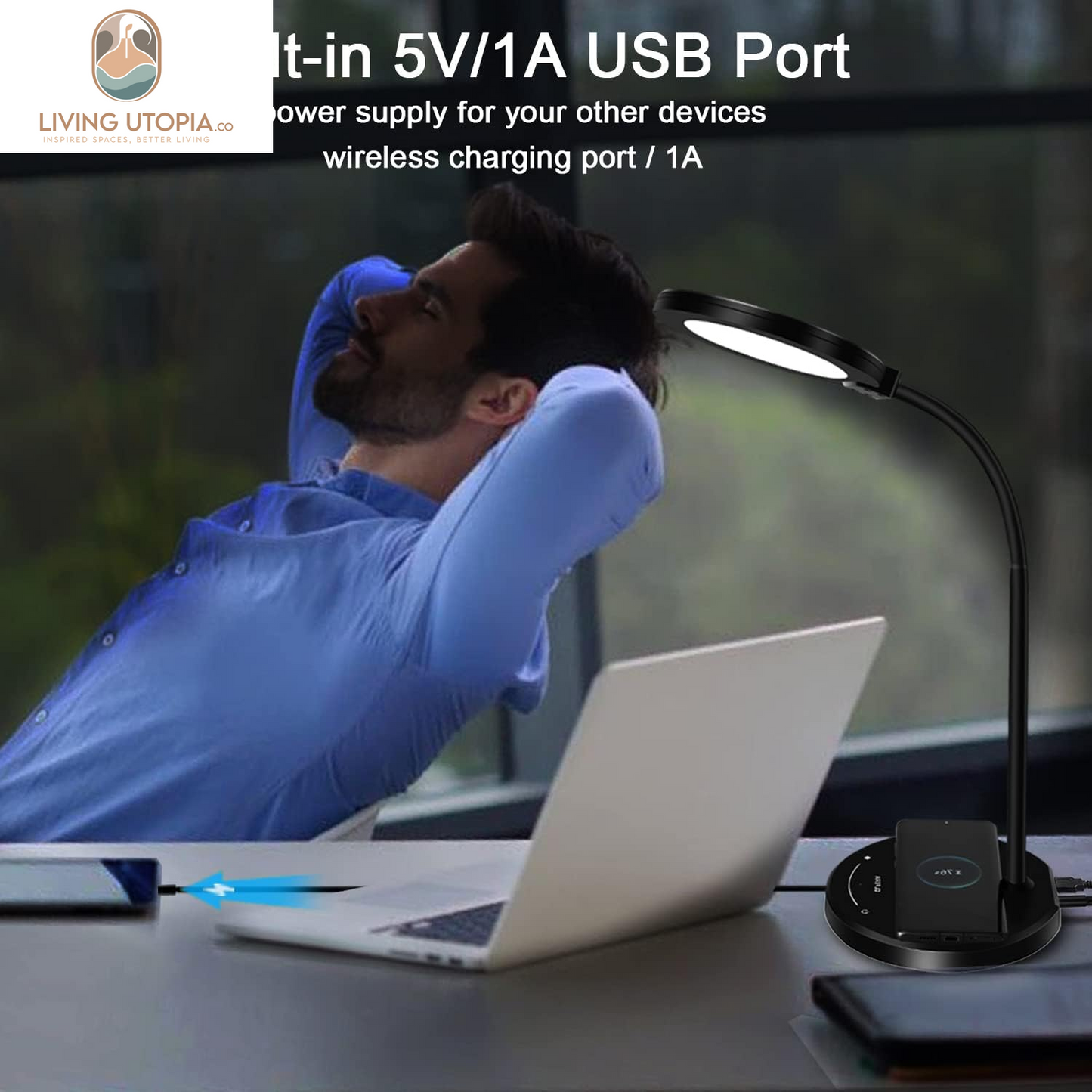 Desk Lamp, LED Desk Lamp with USB Charging Port, 5 Lighting Modes 10 Brightness Levels, Sensitive Control Eye-Caring Office Lamp Black