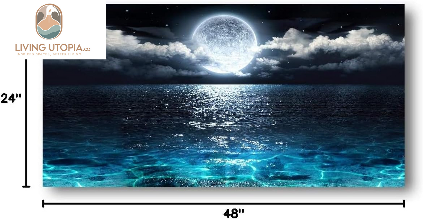 Wall Art Moon Sea Ocean Landscape Picture Canvas Wall Art Print Paintings Modern Artwork for Living Room Wall Decor and Home Décor Framed Ready to Hang,24X48Inches,1Inch Thick Frame,Waterproof Artwork