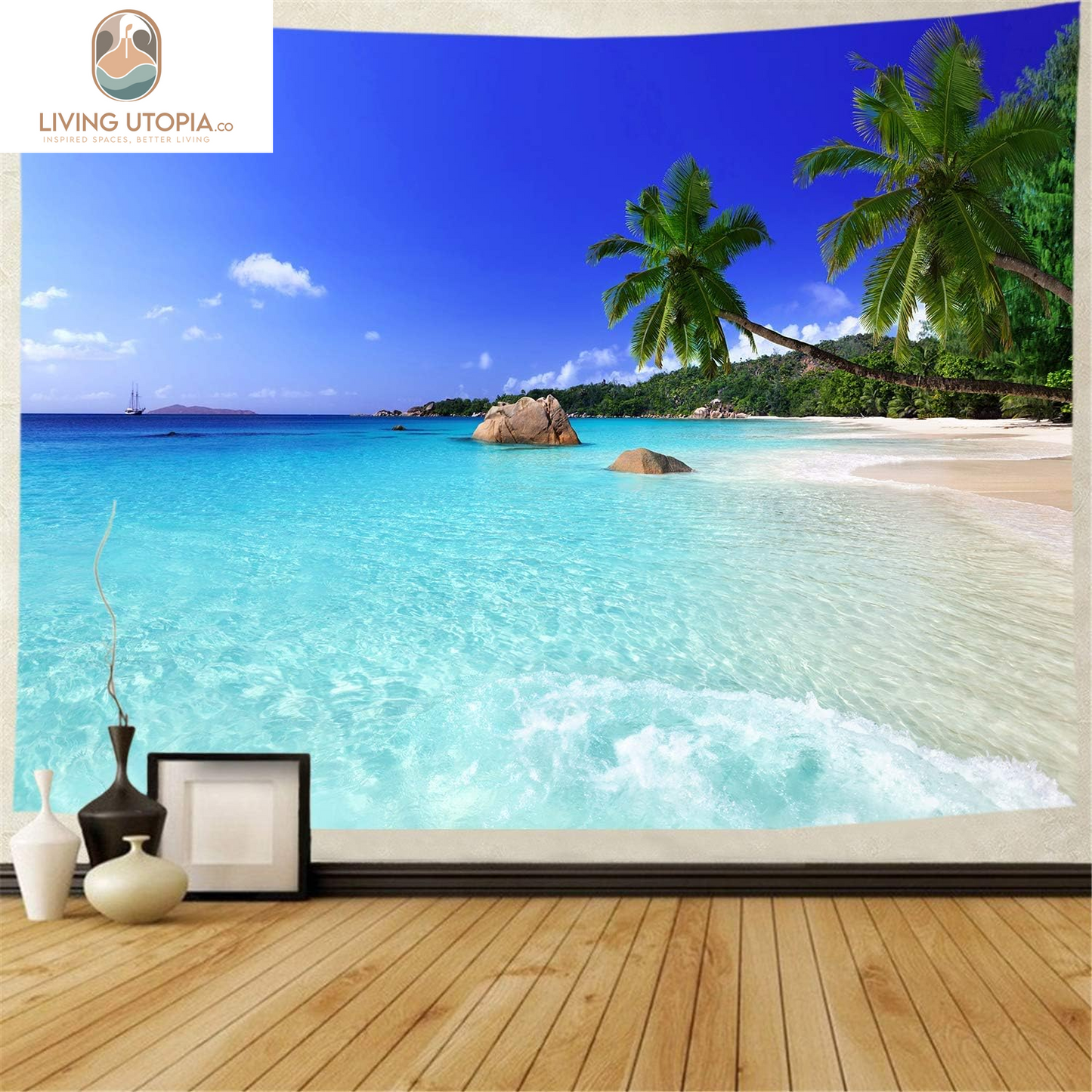 Tapestry, X-Large Beach Wall Hanging, Bohemian Palm Tree Tapestry, Ocean Beach Art, 70.8X92.5In, Home Decor, Lightweight Polyester