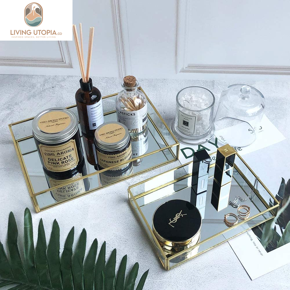 Decorative Tray,Gold Mirror Tray for Jewelry,Jewelry Tray Storage Organizer Makeup Tray for Vanity, Dresser,Pack of 1