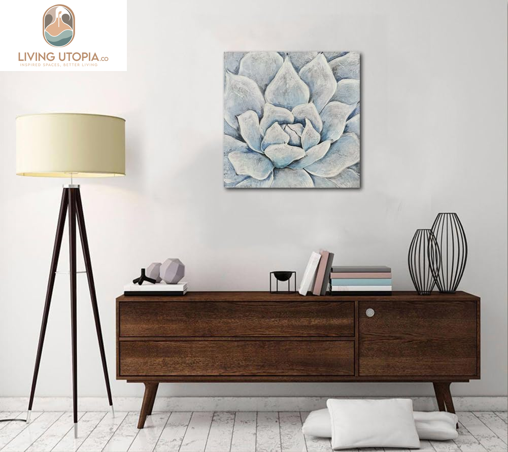 Blue White Succulent Textured Painting Floral Canvas Wall Art Flower Picture Elegant Wall Decor for Living Room Bathroom Bedroom