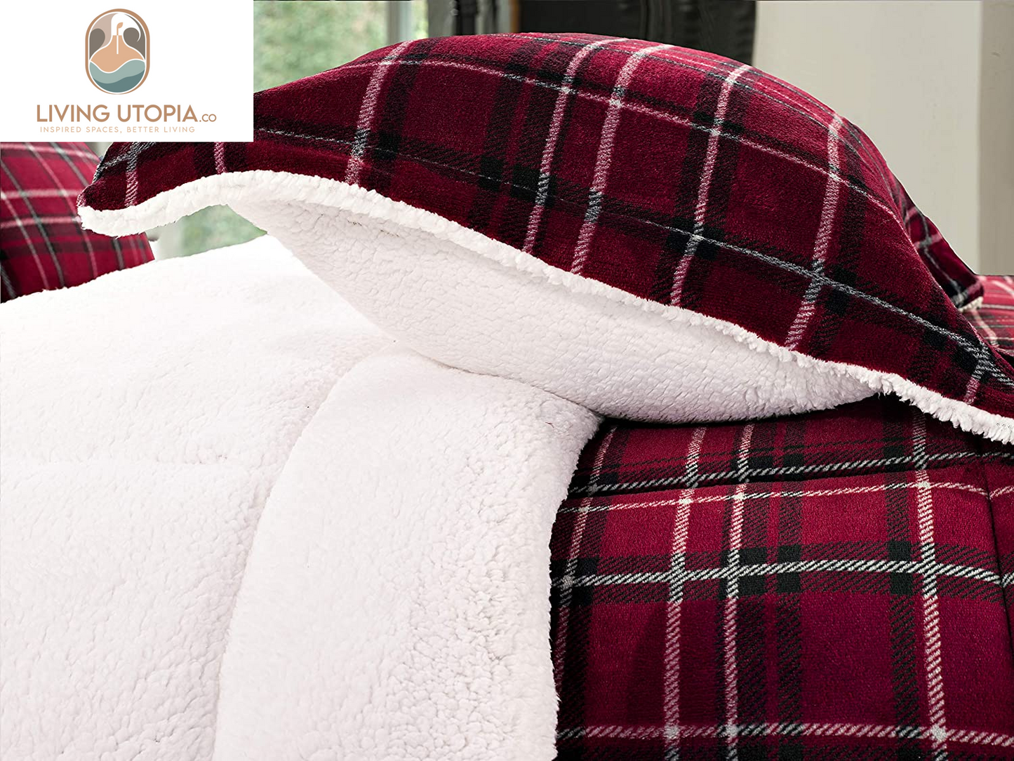 Softest, Coziest Heavy Weight Plaid Pattern Micromink Sherpa-Backing Premium Quality down down Alternative Micro-Suede 3-Piece Reversible Comforter Set, King/Cal King, Burgundy