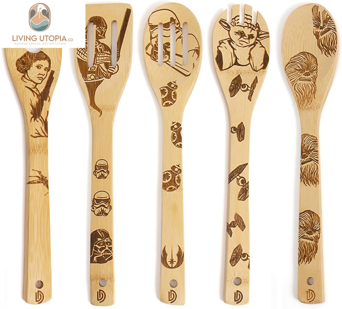 5 PCS Star War Burned Wooden Spoons Cooking Organic Spoons Turners Carved Spatulas Non-Stick for Cookware Kitchen Gadgets - Premium Quality Gifts for Housewarming and Wedding