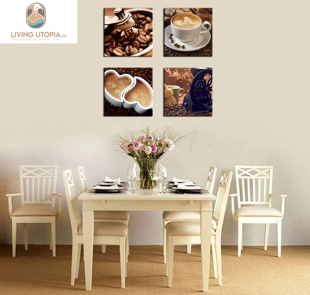Kitchen Canvas Wall Art Coffee Bean Coffee Cup Coffee Grinder Canvas Pictures Large Modern Artwork Prints for Dining Room Home Decorations 16" X 16" X 4 Pieces Framed Ready to Hang