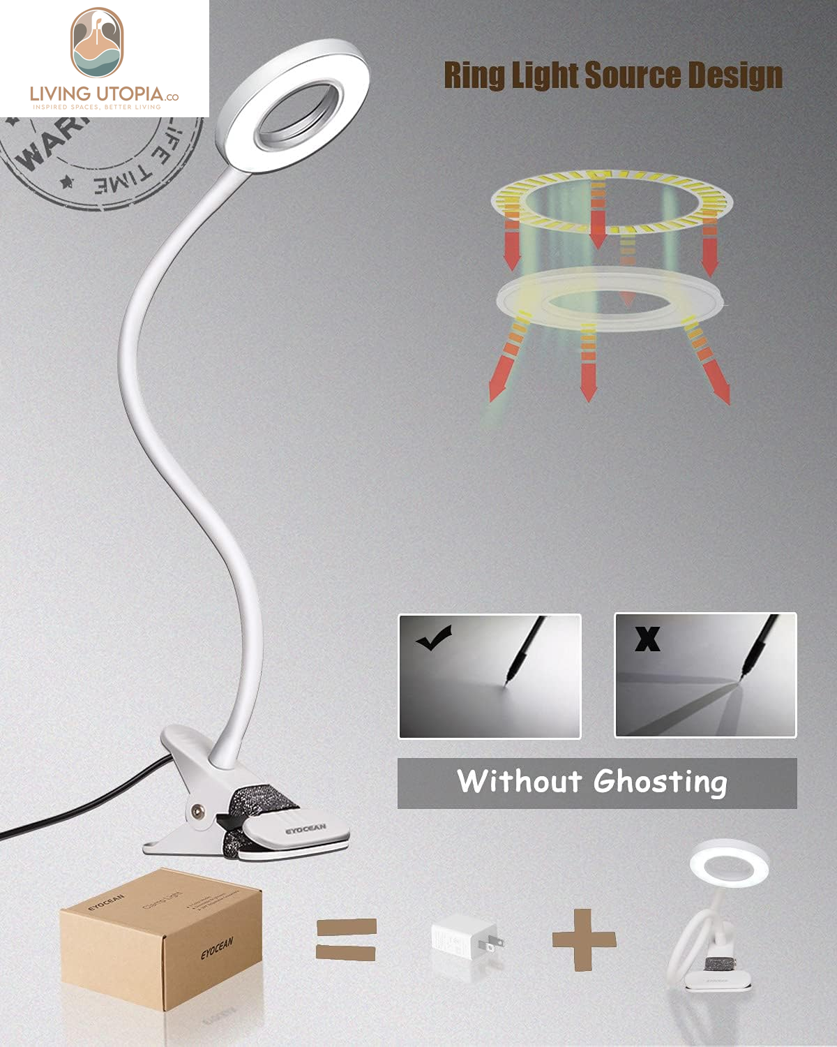 LED Reading Light, Dimmable Clamp Light for Bed Headboard, Bedroom, Office, 3 Modes & 9 Dimming Levels, Flexible Clip Desk Lamp, Adapter Included (Mattewhite)