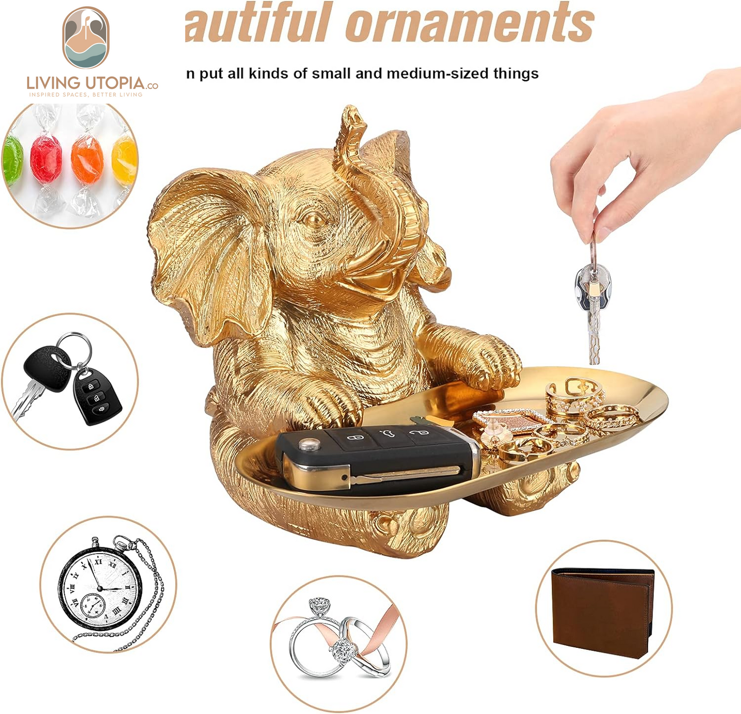 Gold Elephant Statue for Home Decor Accents Living Room Bookshelf TV Stand Office. Trinket Dish. Retirement Appreciation Gift -Gift for Mom Boss Co-Workers, Teachers, Nurse, Friends, Wife, Sister