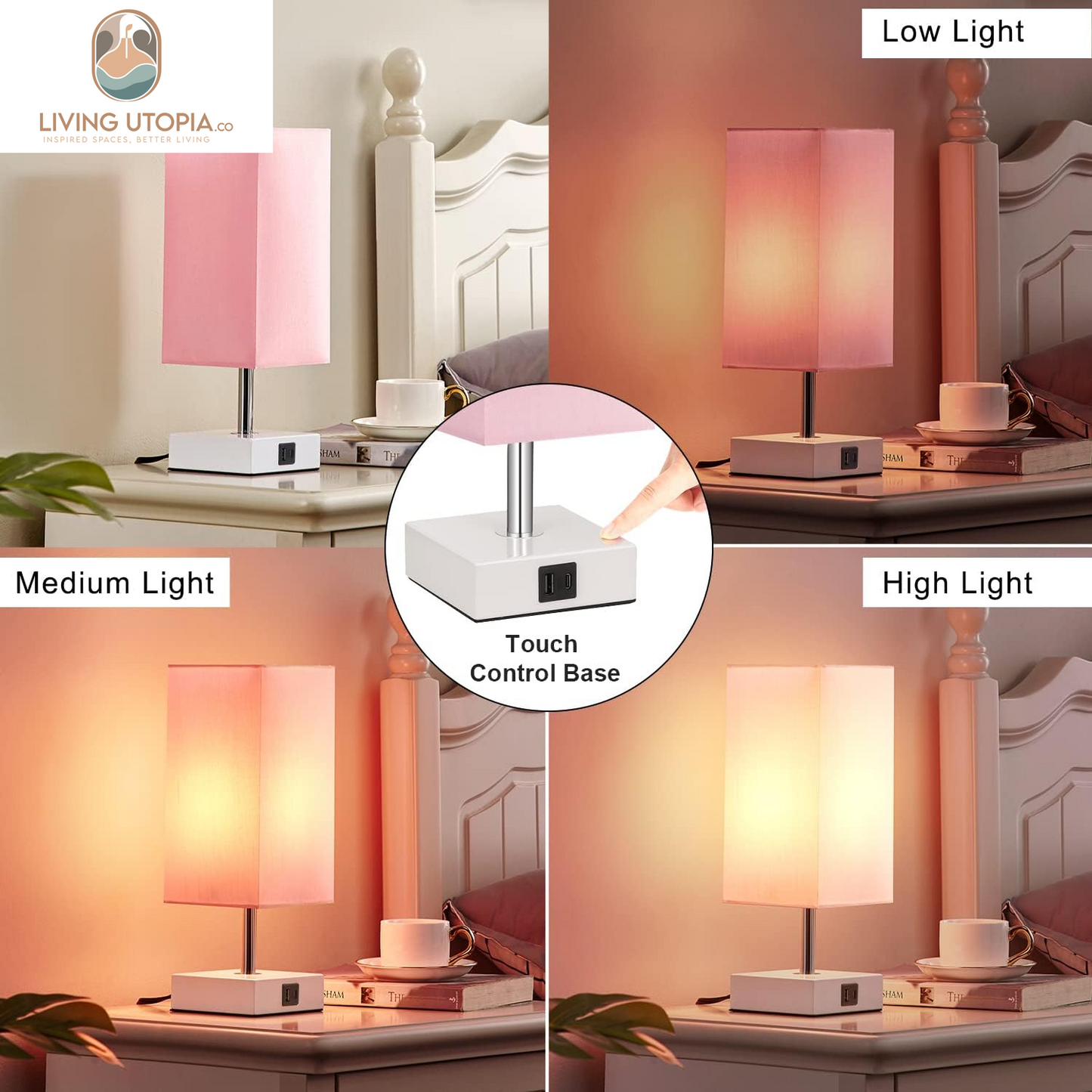 Touch Control Table Lamp with 2 USB Charging Ports, 3 Way Touch Lamps beside Desk, Nightstand Lamp for Bedrooms Living Room, Pink Shade with White Base, LED Bulb Included(Pink)