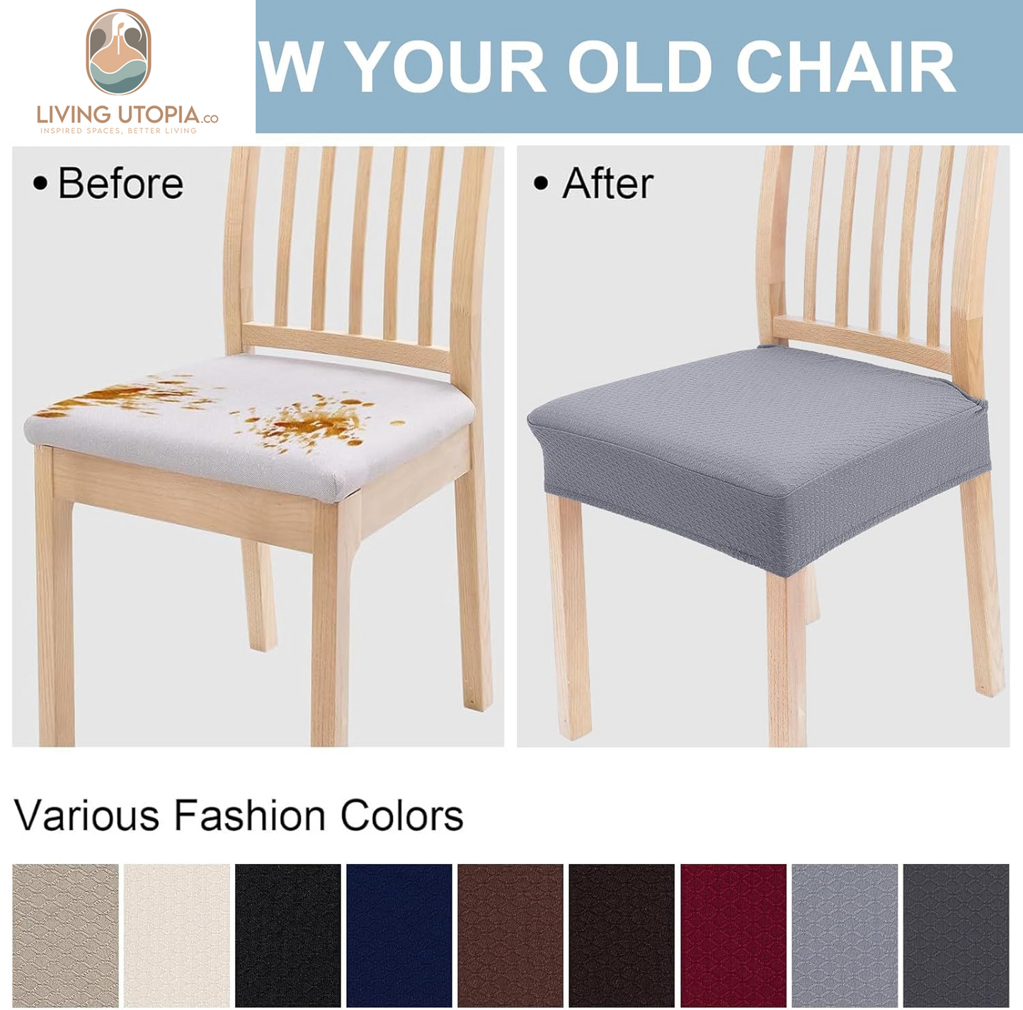 Stretch Jacquard Seat Covers for Dining Room Chairs Set of 6, Removable Washable Chair Seat Protector Slipcovers, No Rear Covers, Grey
