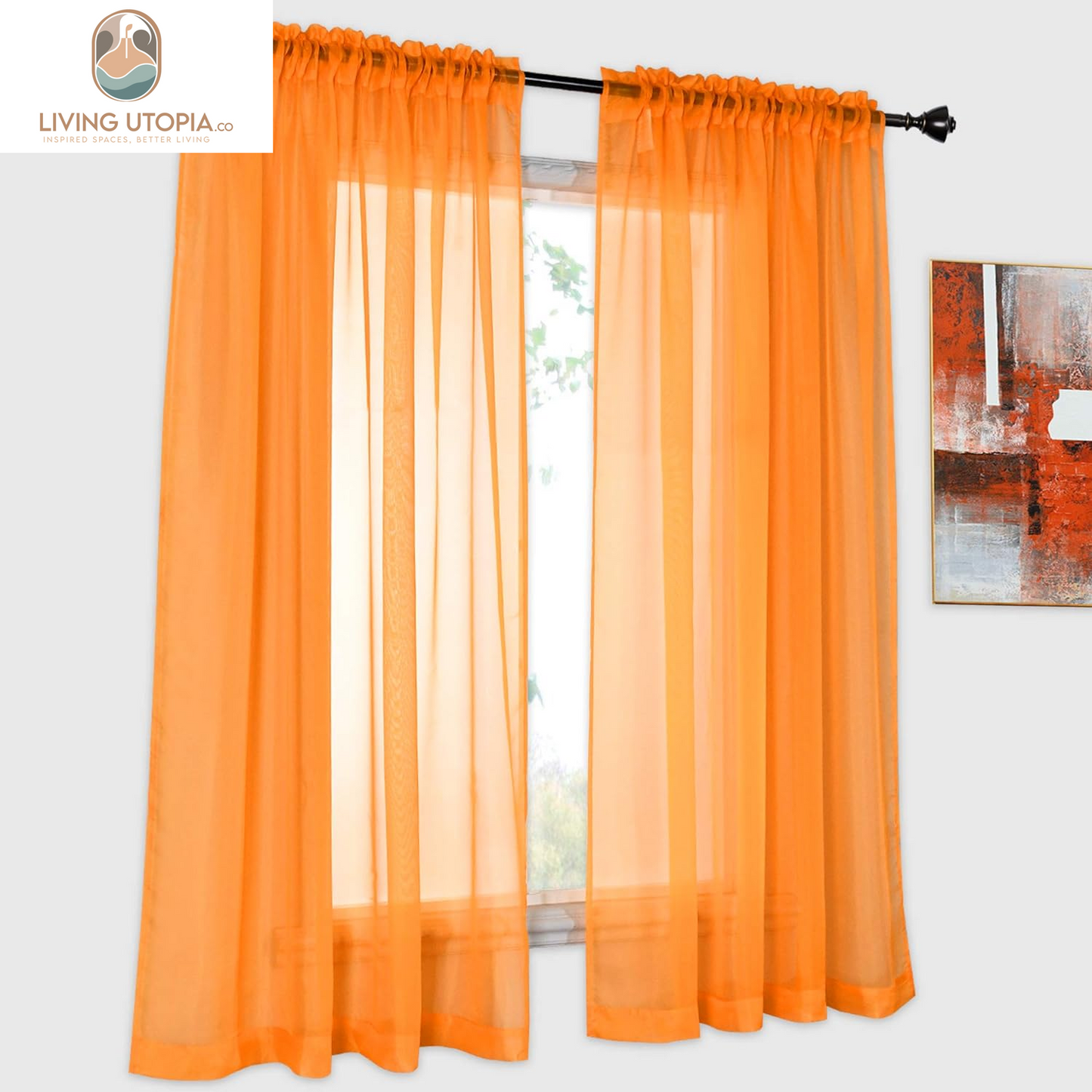 2 Panels Solid Color Orange Sheer Curtains Elegant Rod Pocket Window Voile Panels Drapes for Bedroom Living Room (52X63 Inches)