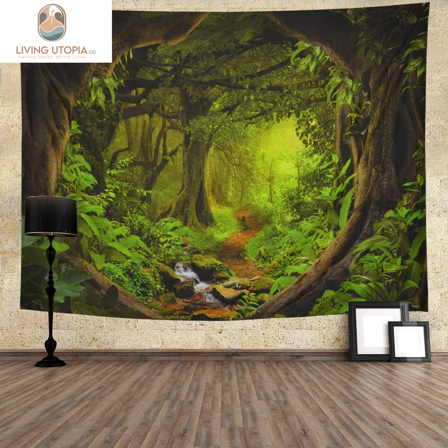 Forest Nature Tapestry - Tree Cave Wall Hanging, Misty Forest Stream through Rainforest Landscape, Jungle Creek Psychedelic for Living Room
