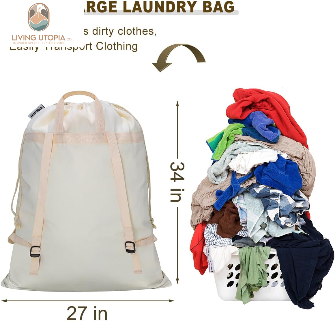 Laundry Bag Backpack with Shoulder Straps and Handle, Extra Large Heavy Duty Laundry Bag, Canvas Backpack for College, Travel, Camp (Beige)