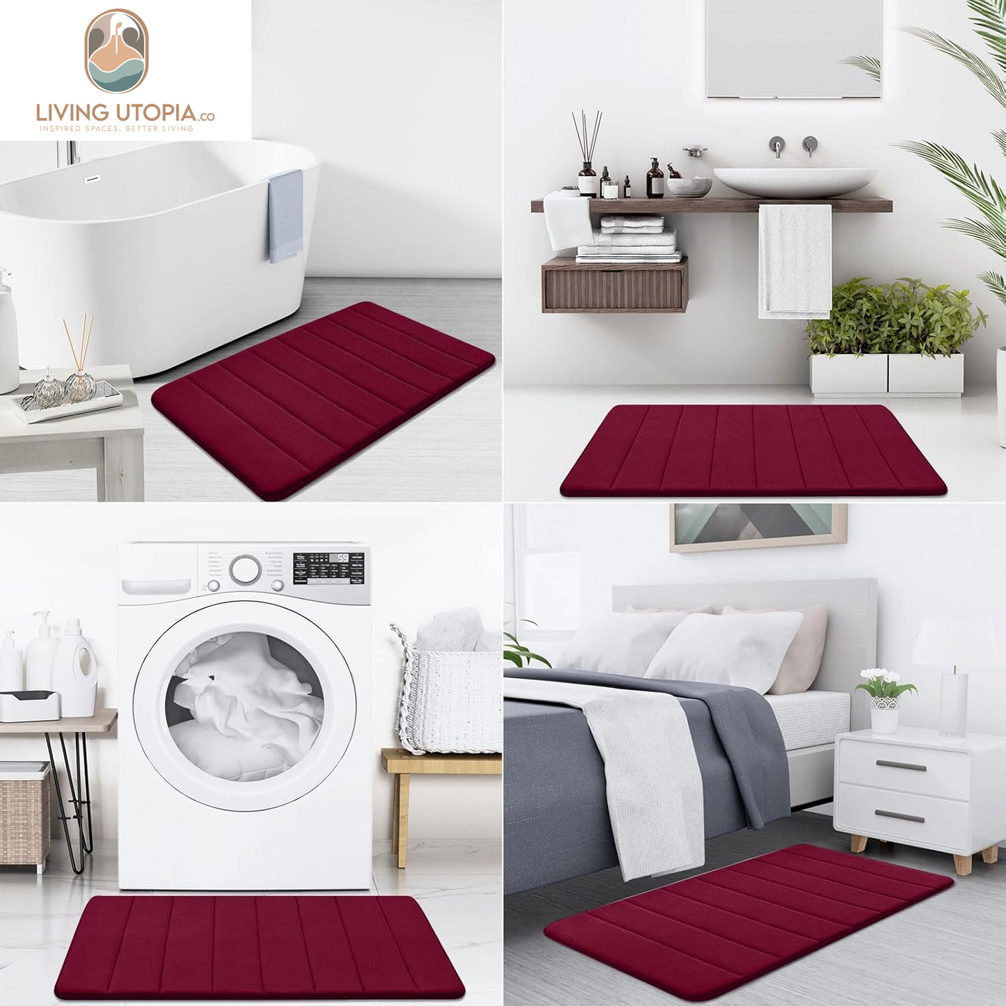 Memory Foam Bath Mat, 24" X 16", Ultra Soft and Non-Slip Bathroom Rugs, Water Absorbent and Machine Washable Bath Rug for Bathroom, Shower, and Tub, Burgundy