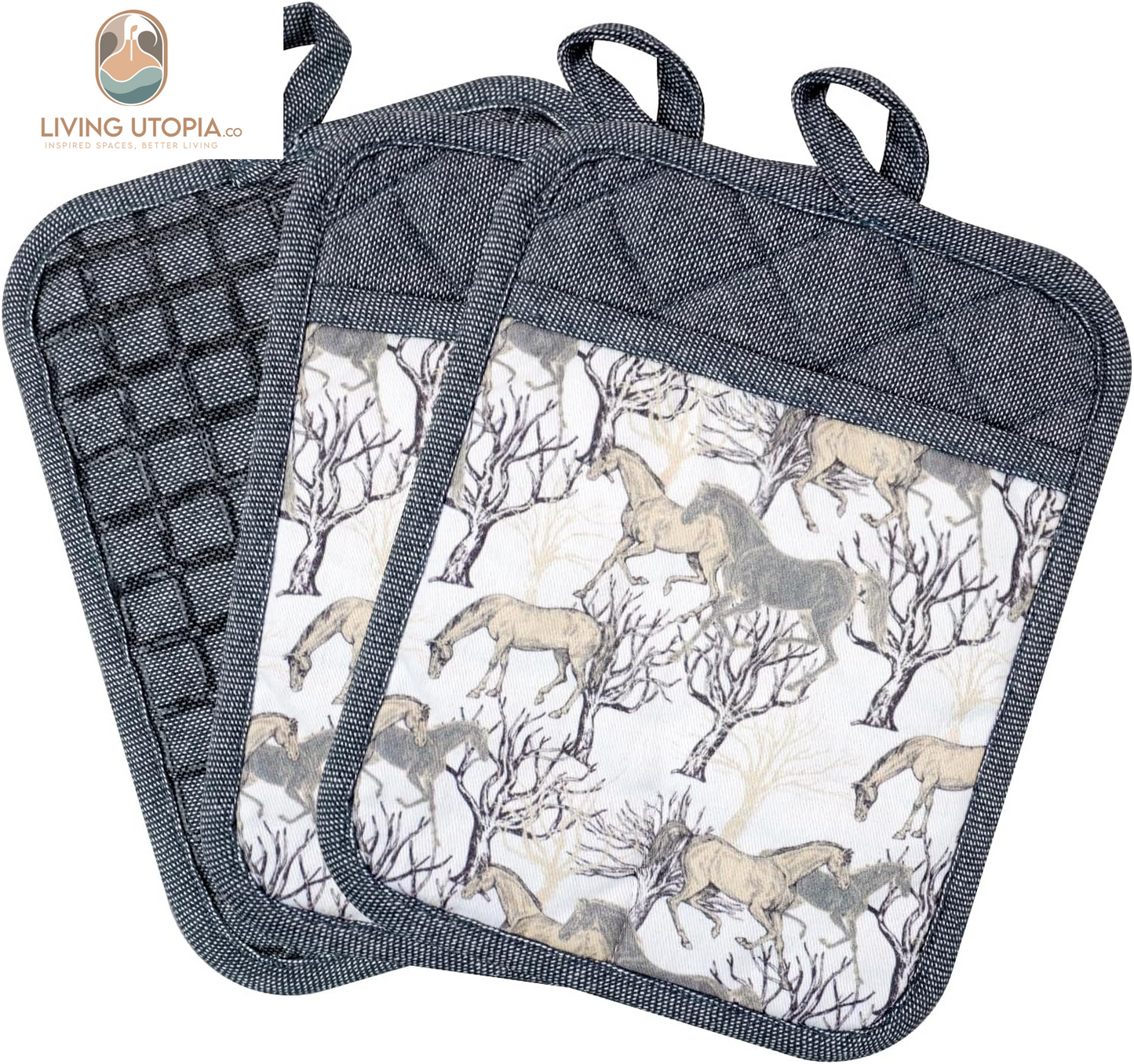 Pot Holders Set of 3 Silicone Printing Non Slip Heat Resistant, Yarm-Dyed Hot Pads Cotton Home Kitchen Cooking Barbecue Microwave Women Men Machine Washable BBQ Grilling. (Gray Potholders)