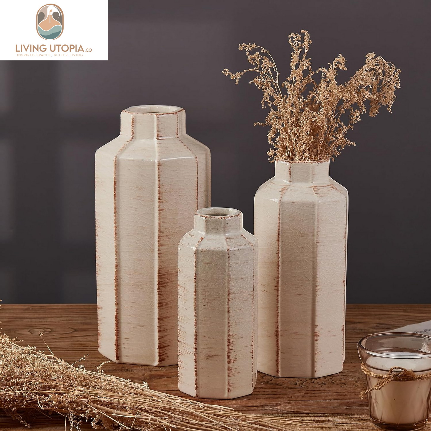 Ceramic Rustic Farmhouse Vase Set of 3,Ice Cracked Glazed Terracotta Vase,Large Vase for Decor,Fall Decoratiion Vases for Home, Table, Living Room, Shelf