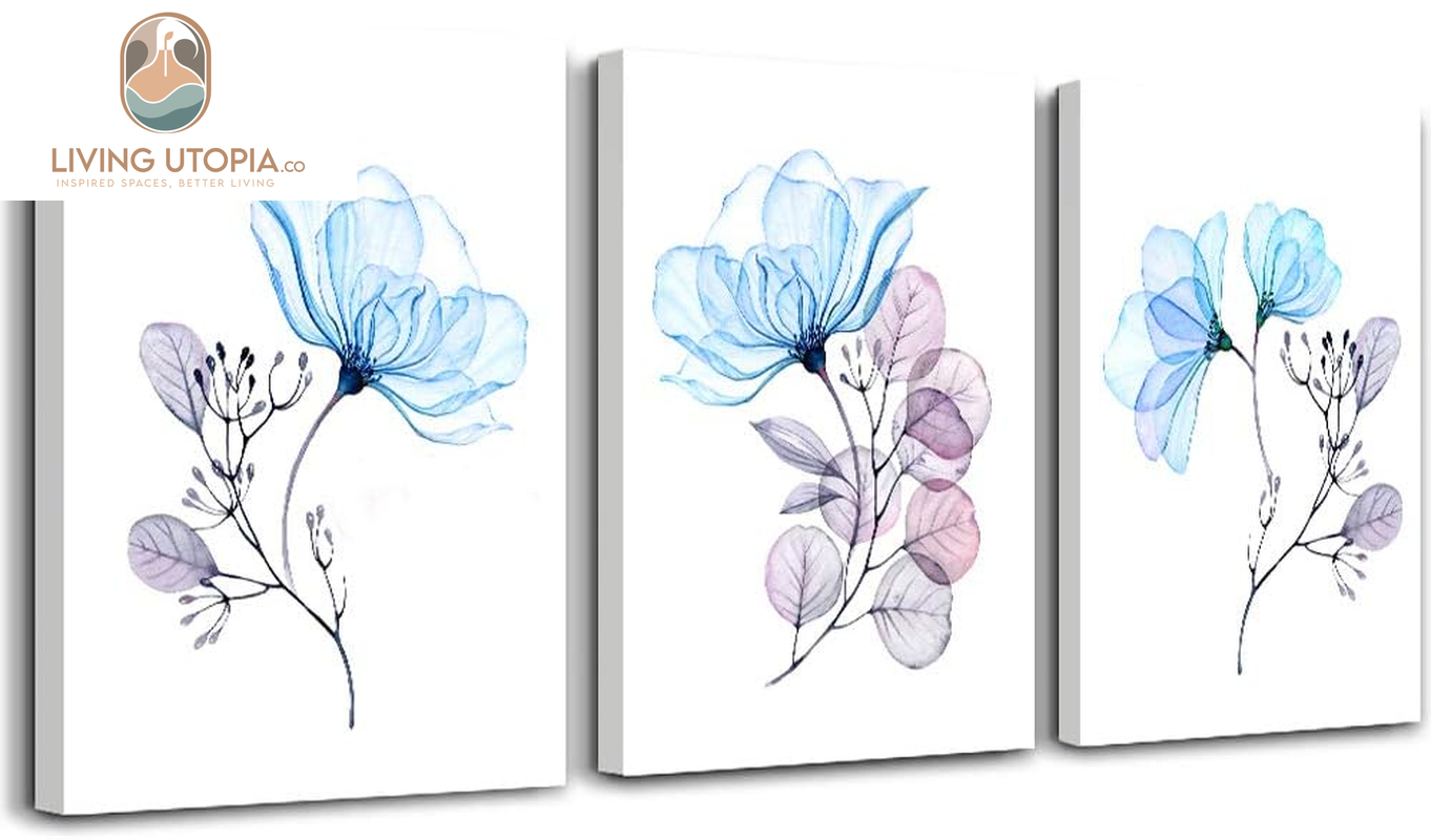 3 Piece Modern Blue Flowers Canvas Wall Art for Bedroom Living Room Decor,Bathroom Wall Decor,3 Panels Framed Wall Watercolor Painting Kitchen Home Decoration Canvas Print Artwork Wall Mural