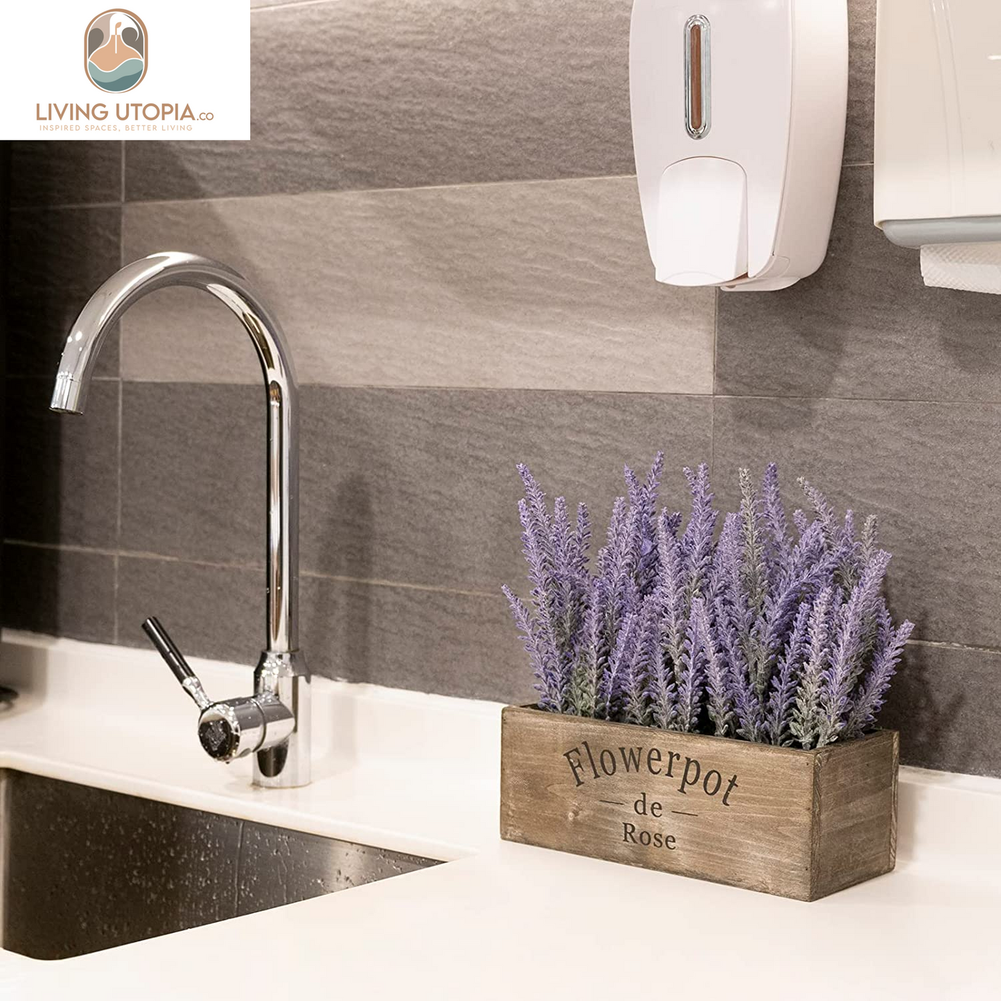 Purple Artificial Lavender Flowers with Decorative Tray Wooden Box 9 Inches - Lifelike Faux Lavender Plants for Home and Office Decor, Fake Lavender Rustic Farmhouse Style