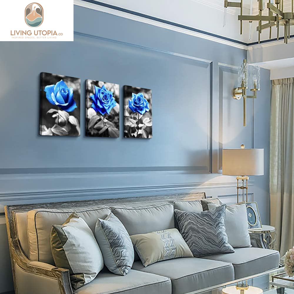 Bedroom Wall Art for Living Room Bathroom Wall Decor for Kitchen Family Pictures Artwork Black and White Blue Rose Flowers Canvas Paintings 12" X 16" 3 Pieces Framed Modern Office Home Decorations