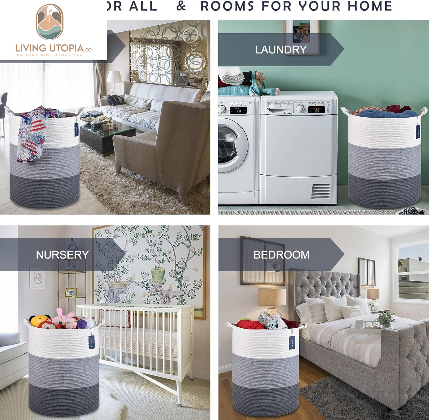 Laundry Hamper, Extra Large 15.7"X 21.7", Cotton Rope Basket, Portable, White & Light Gray & Dark Gray