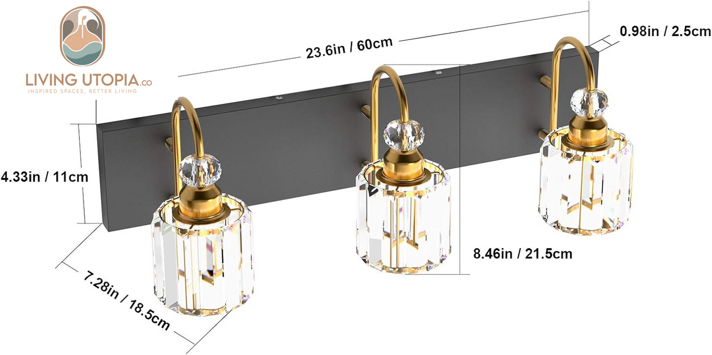 Modern Bathroom Vanity Light Fixture, 3-Lights, Black Metal & Crystal, HJ-8600-3T