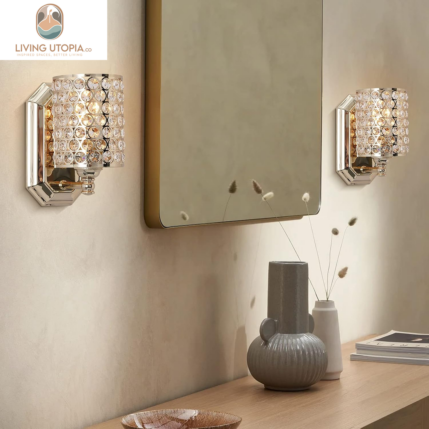 2 Pack 1 Light Crystal Wall Sconce Lighting with Champagne Finish,Modern Concise Style Wall Light Fixture Polyhedral Crystal Shade for Bathroom, Bedroom Living Room Bedside