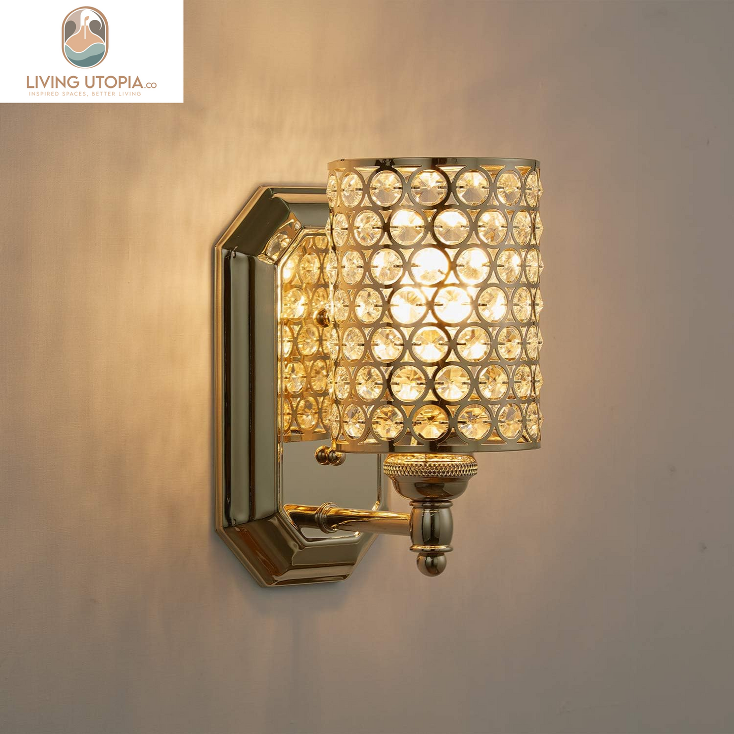 2 Pack 1 Light Crystal Wall Sconce Lighting with Champagne Finish,Modern Concise Style Wall Light Fixture Polyhedral Crystal Shade for Bathroom, Bedroom Living Room Bedside