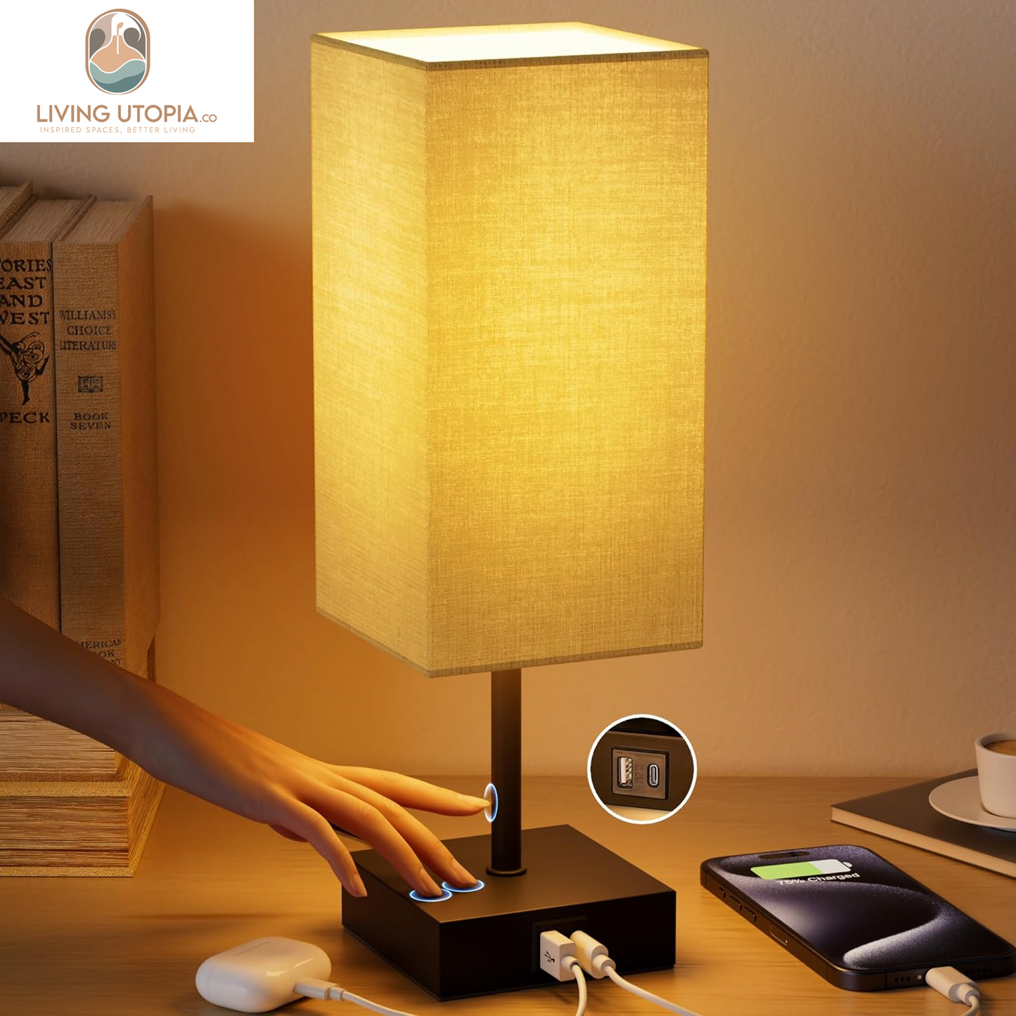 Table Lamp with USB C USB a Port,Square Touch Lamp for Bedroom with 3 Way Dimmable 2700K Warm Light, Beige Fabric Lamp Shade Small Lamp for Night Stand LED Bulb Included