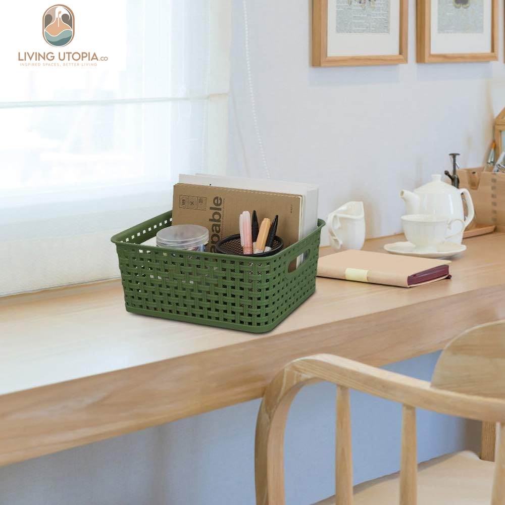 Plastic Weave Storage Baskets for Kitchen Bathroom, Green, 6 Packs