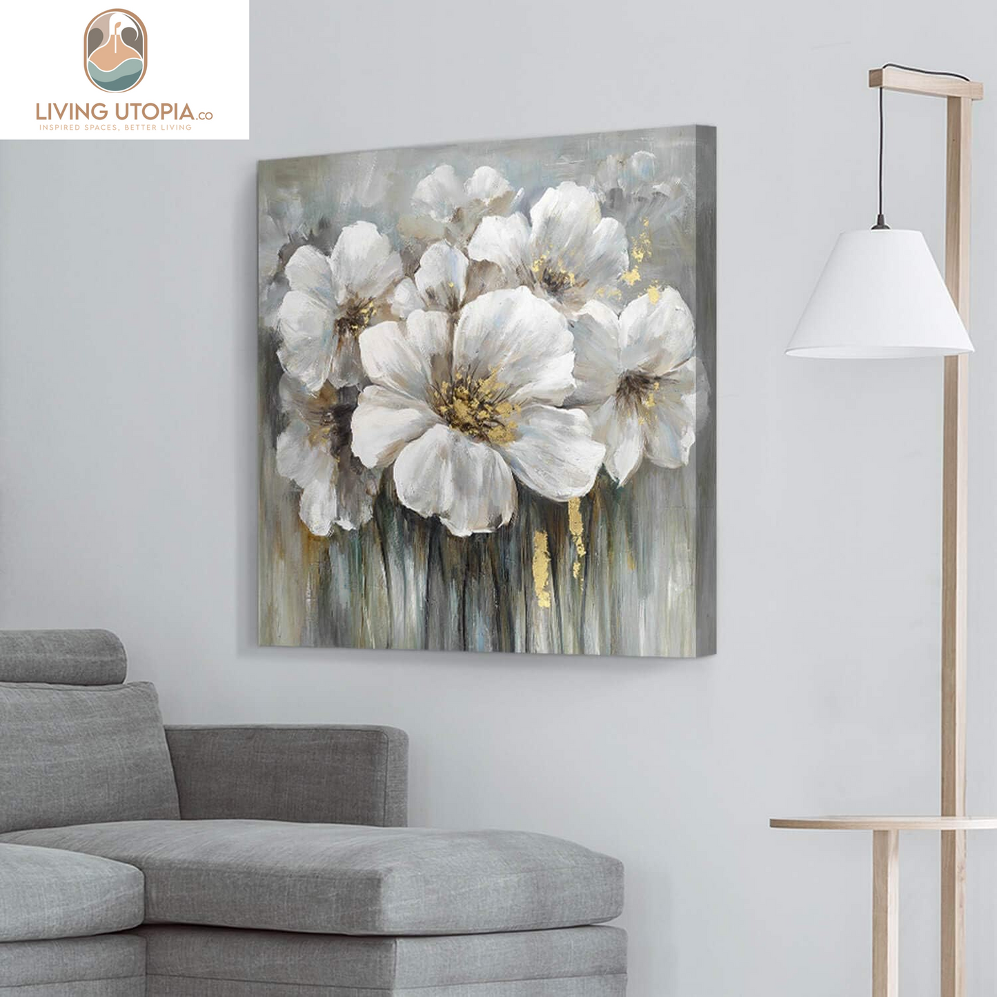 Large Flower Canvas Wall Art - Abstract Floral Painting White Blooming Floral Pictures Artwork Prints for Living Room Bedroom Home Office